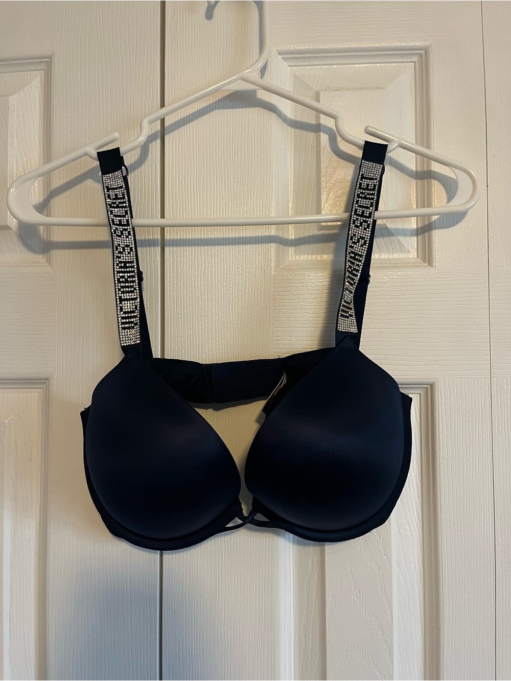 Victoria's Secret Bombshell Plunge Rhinestone Strap Bra Navy Blue 34D